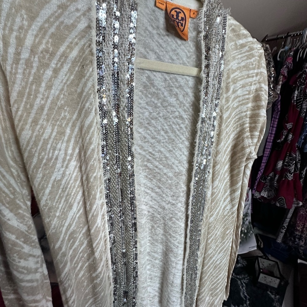 Tory Burch Maple Cardigan, Animal Print Sequin Style Open Cardigan Size Medium - Picture 4 of 6
